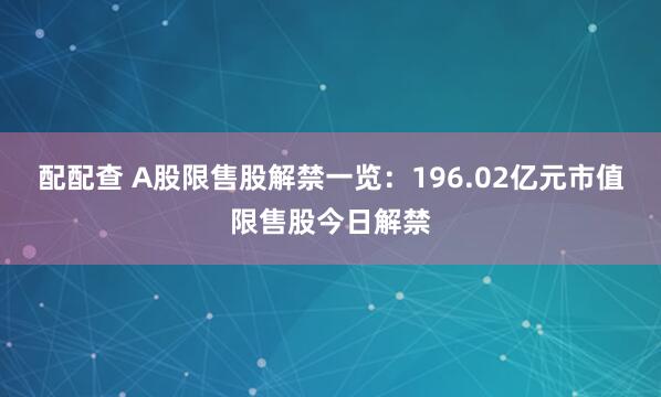 配配查 A股限售股解禁一览：196.02亿元市值限售股今日解禁